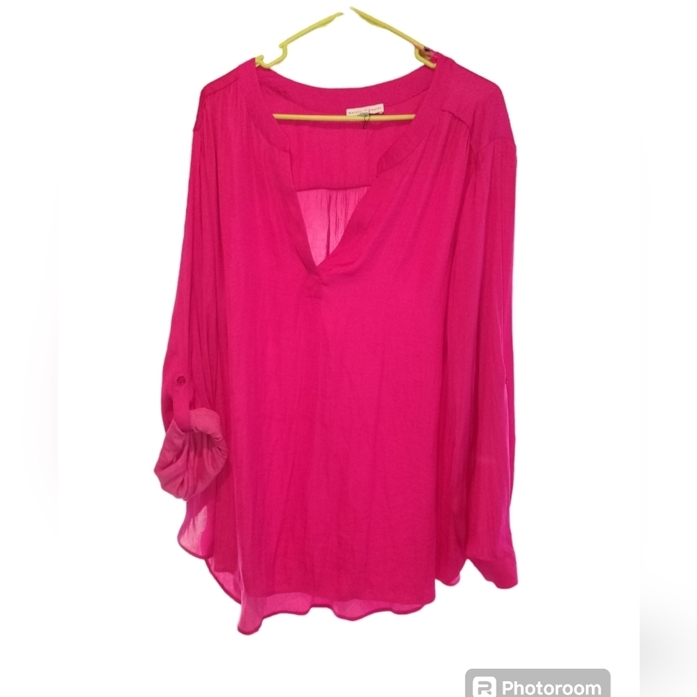 maison d Amelie 3x long sleeve flowy fuschia v-neck blouse sleeves roll-up